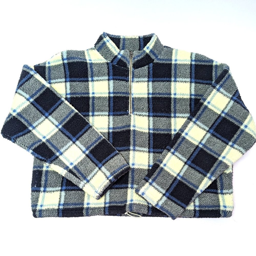 American Eagle Top Blue Plaid Fleece Crop Boxy Zip Casual Women's Size Large